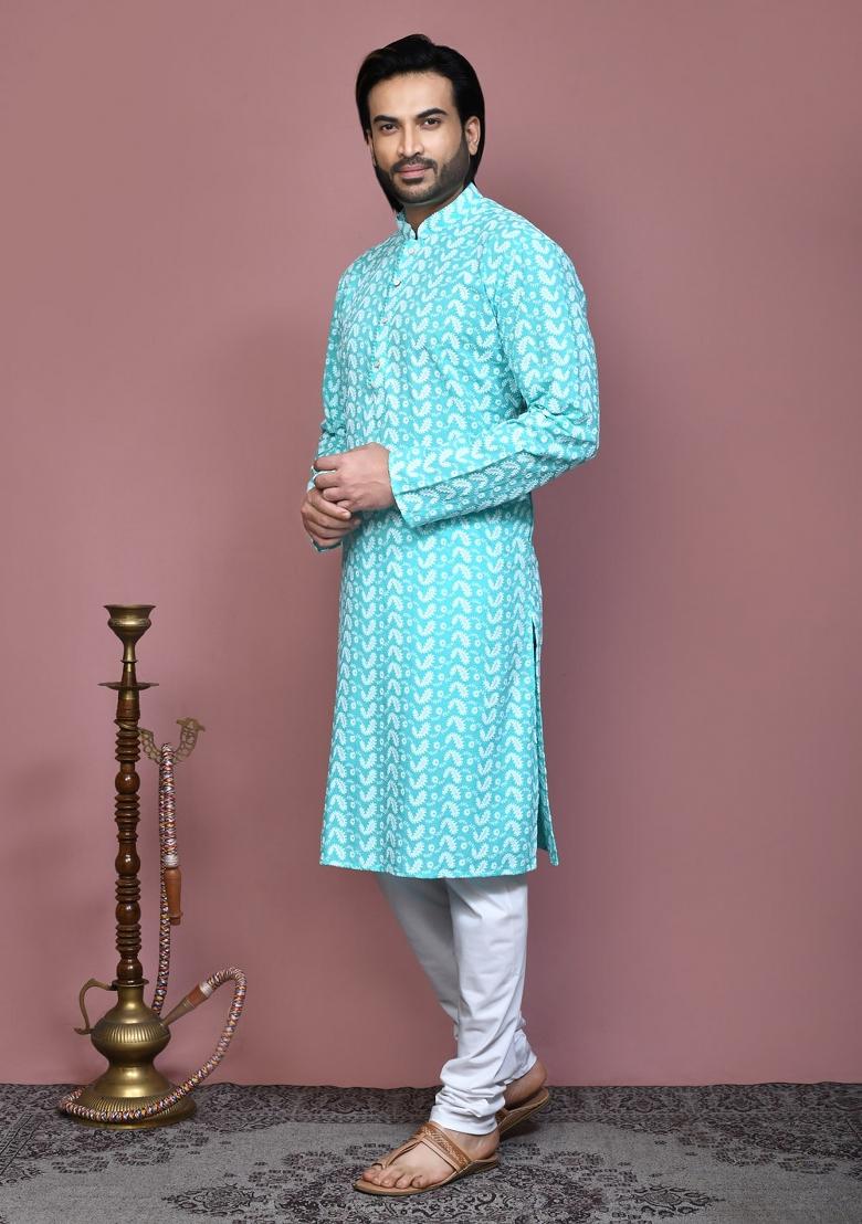 Green Embroidered Cotton Kurta Set For Men