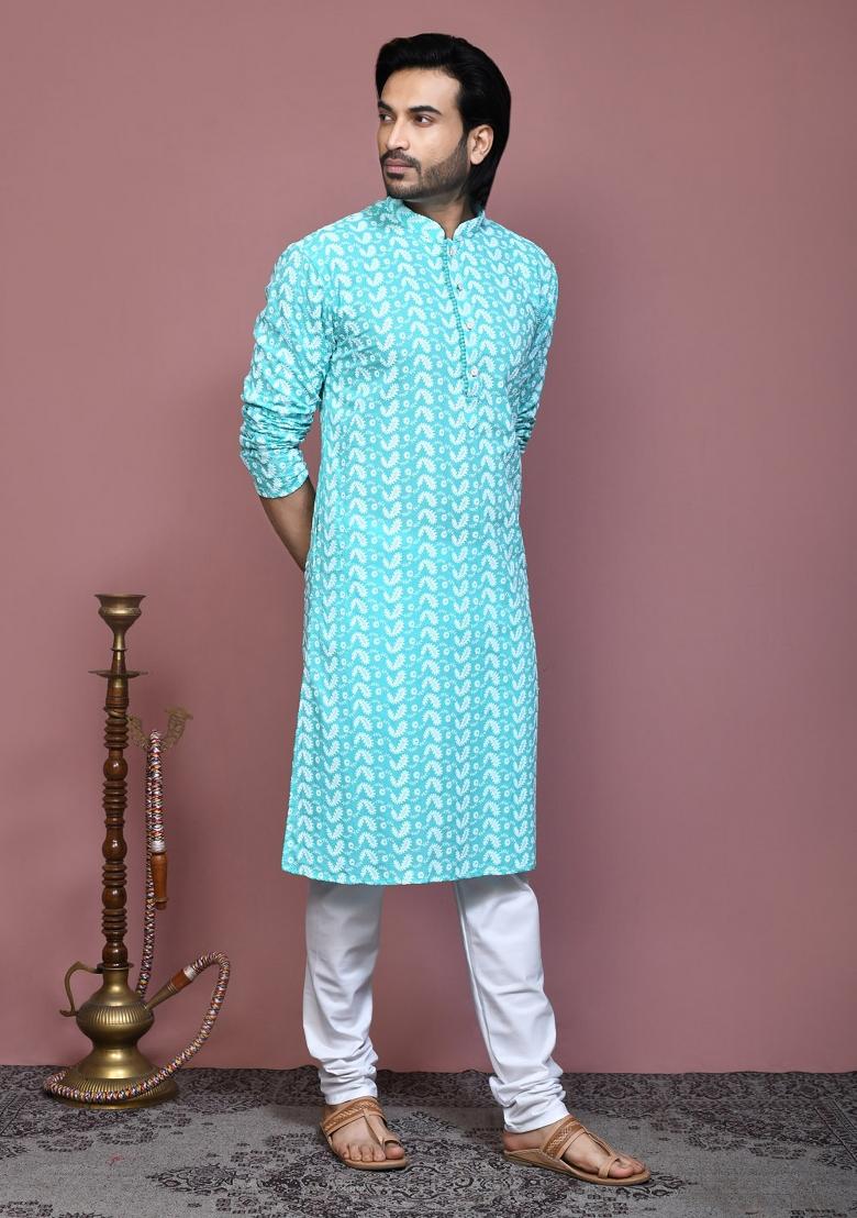 Green Embroidered Cotton Kurta Set For Men