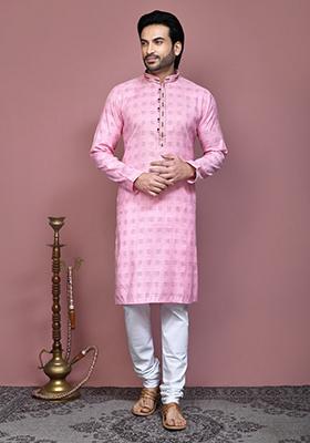 Pink Printed Cotton Kurta Set For Men