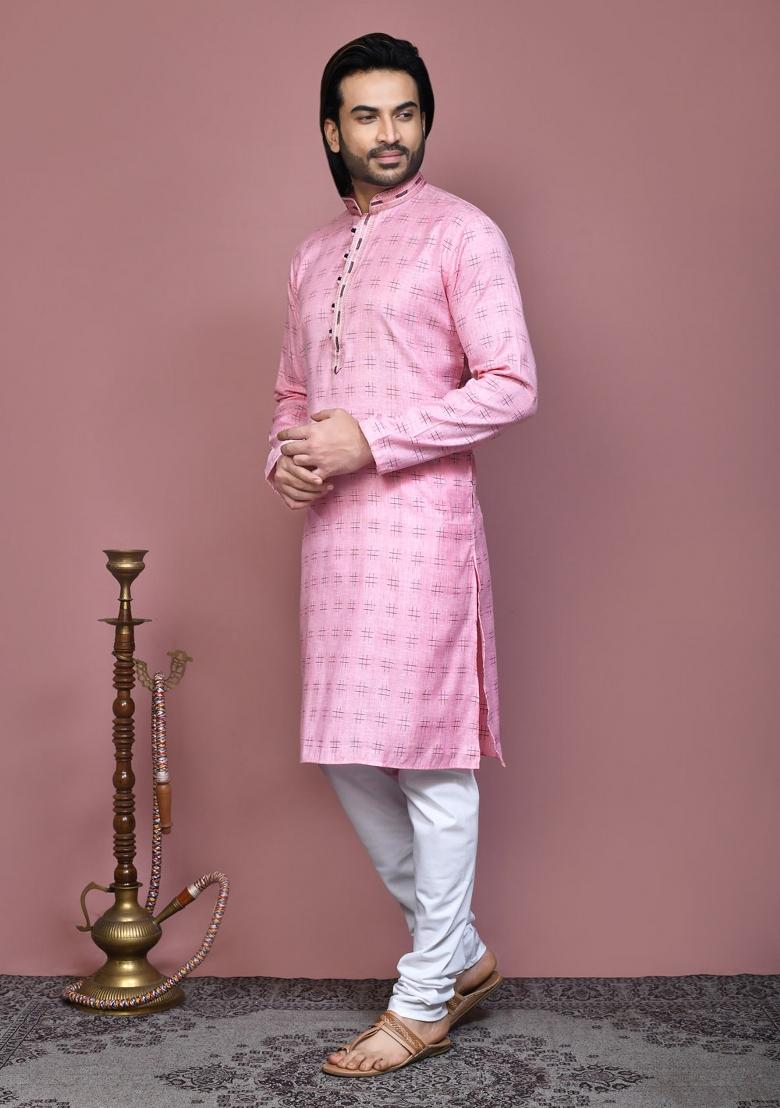 Pink Printed Cotton Kurta Set For Men