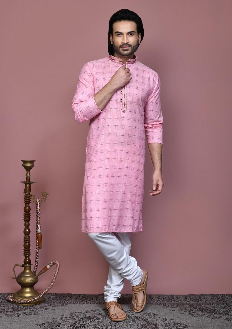 Pink Printed Cotton Kurta Set For Men