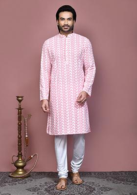 Pink Embroidered Cotton Kurta Set For Men