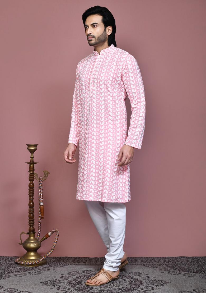 Pink Embroidered Cotton Kurta Set For Men