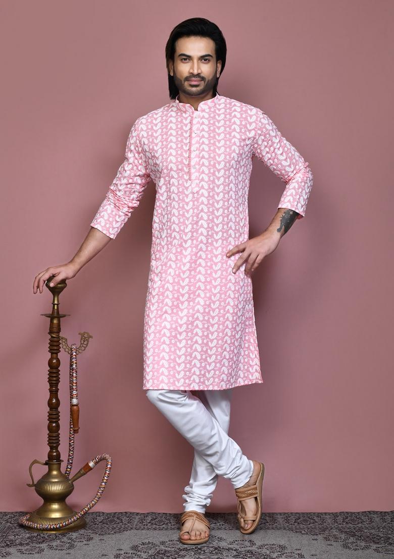 Pink Embroidered Cotton Kurta Set For Men