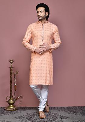 Orange Printed Cotton Kurta Set For Men