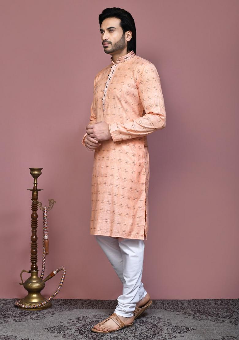 Orange Printed Cotton Kurta Set For Men