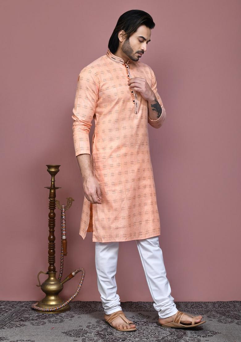 Orange Printed Cotton Kurta Set For Men