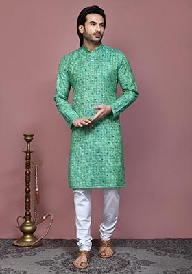 Green Printed Cotton Kurta Set For Men