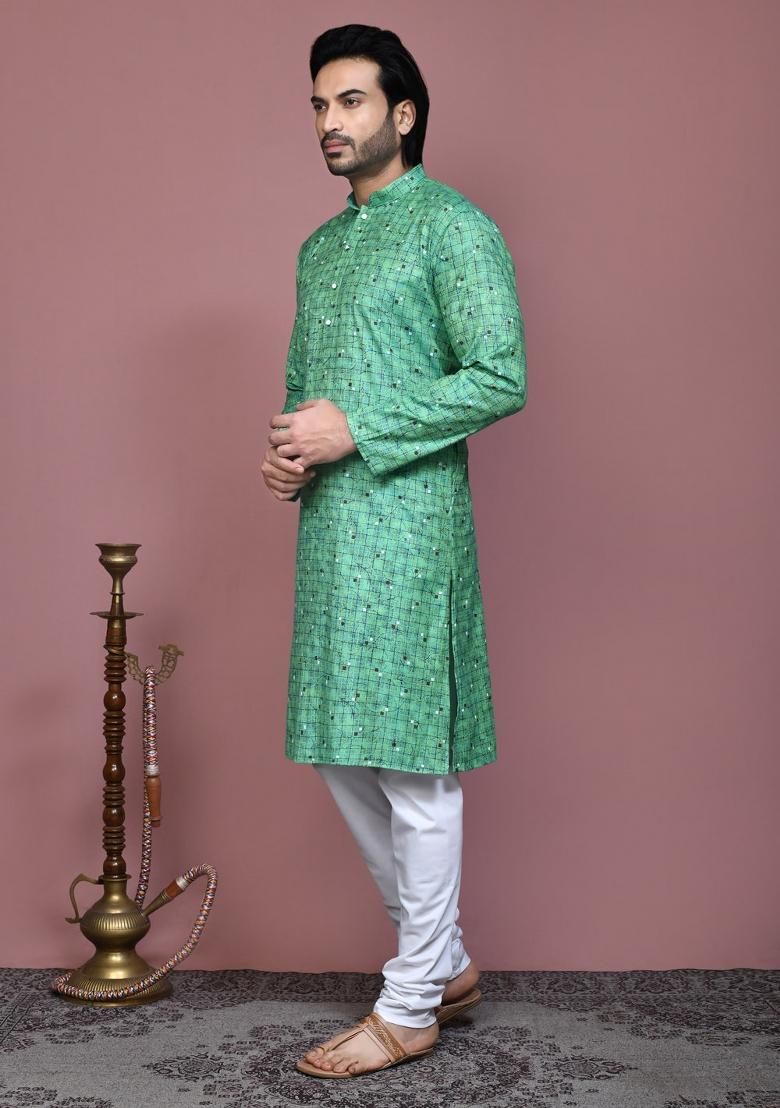 Green Printed Cotton Kurta Set For Men