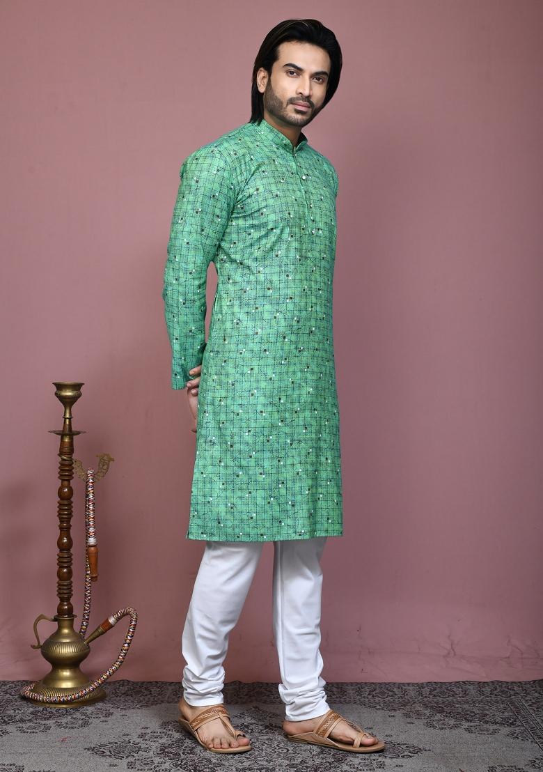 Green Printed Cotton Kurta Set For Men