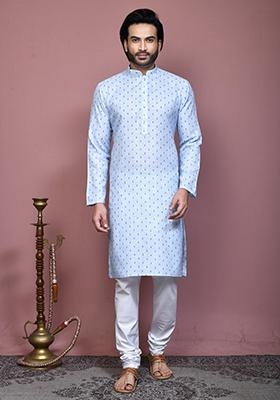 Sky Blue Printed Cotton Kurta Set For Men