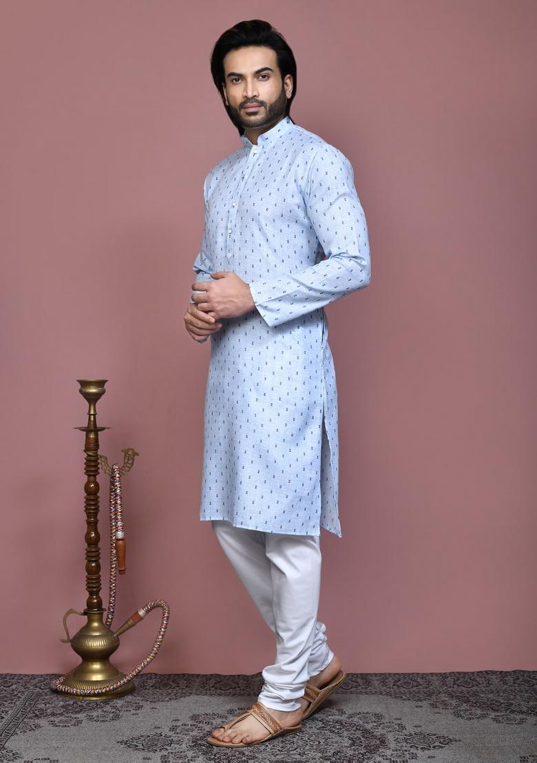 Sky Blue Printed Cotton Kurta Set For Men