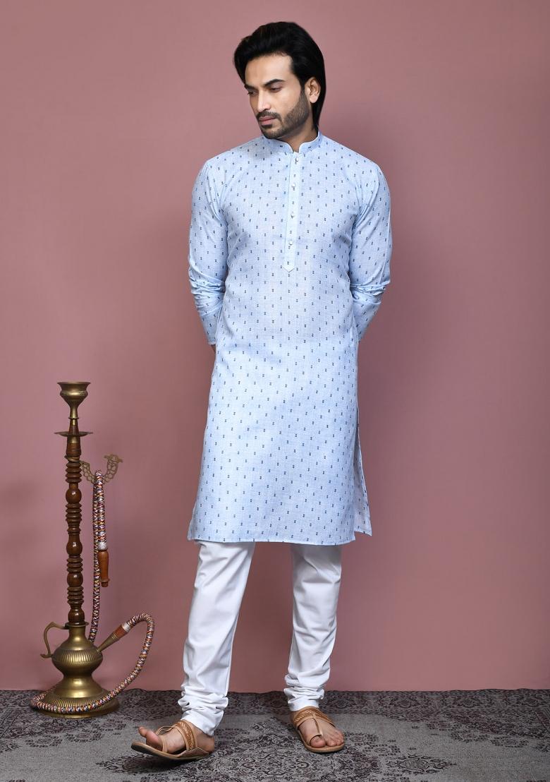 Sky Blue Printed Cotton Kurta Set For Men