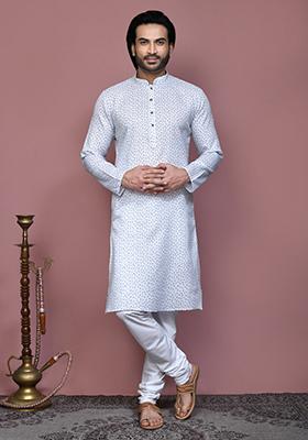Grey Printed Cotton Kurta Set For Men