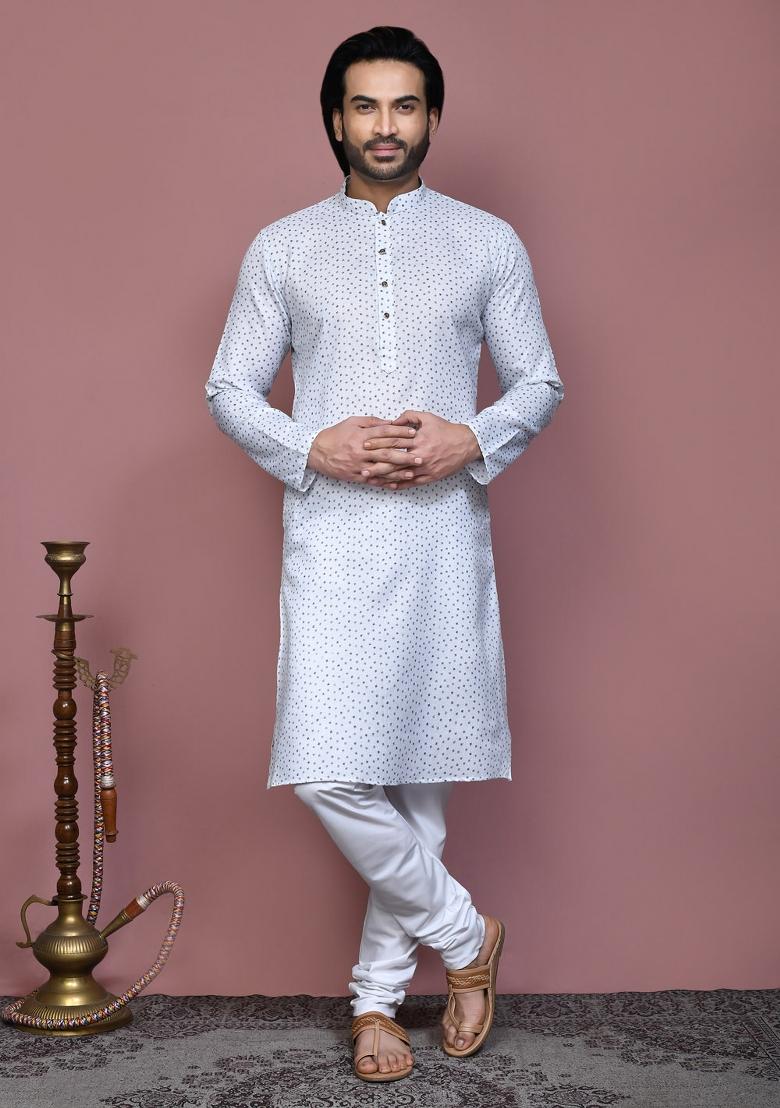 Grey Printed Cotton Kurta Set For Men