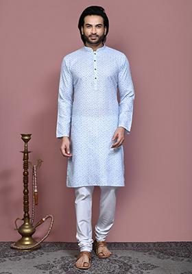 Sky Blue Printed Cotton Kurta Set For Men