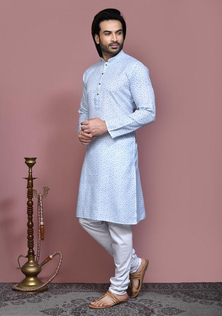 Sky Blue Printed Cotton Kurta Set For Men