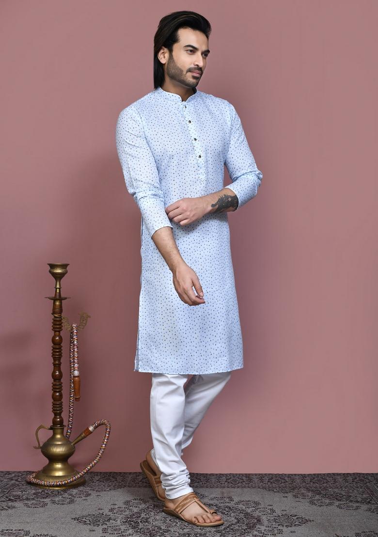 Sky Blue Printed Cotton Kurta Set For Men