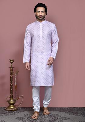 Mauve Blue Printed Cotton Kurta Set For Men