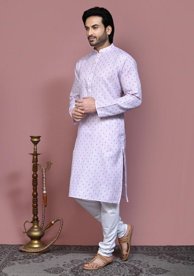 Mauve Blue Printed Cotton Kurta Set For Men