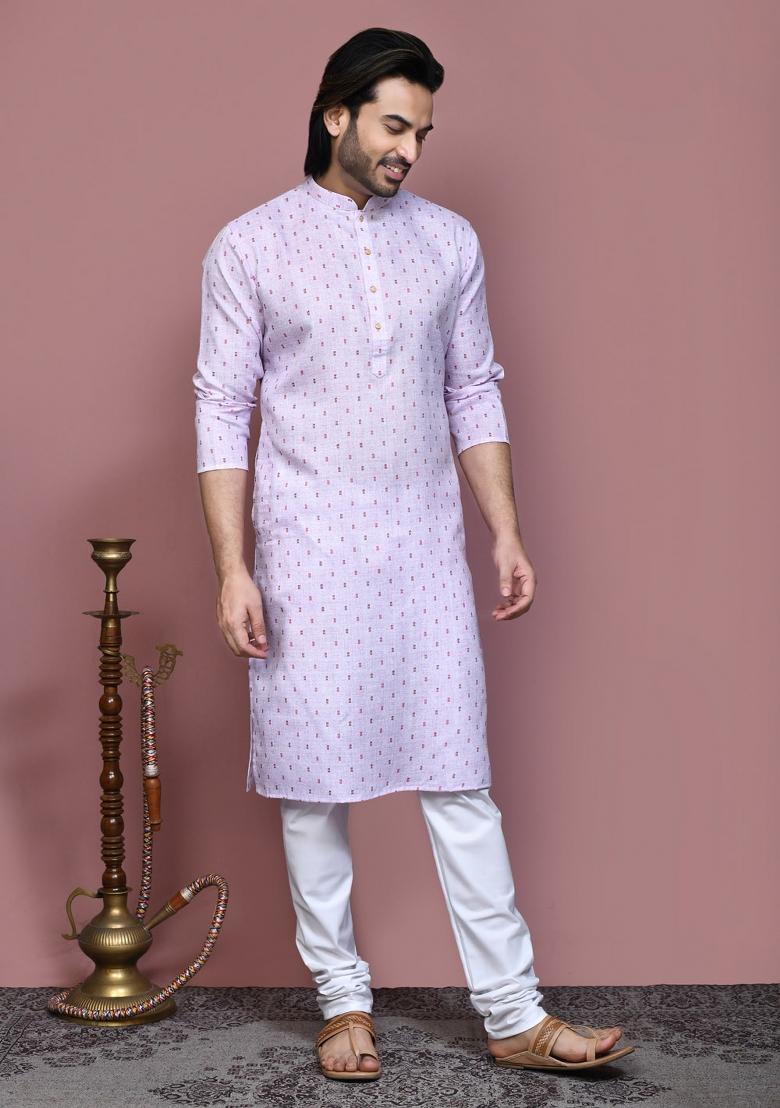 Mauve Blue Printed Cotton Kurta Set For Men
