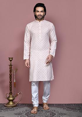 Beige Printed Cotton Kurta Set For Men