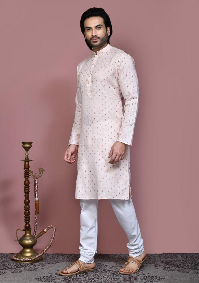 Beige Printed Cotton Kurta Set For Men