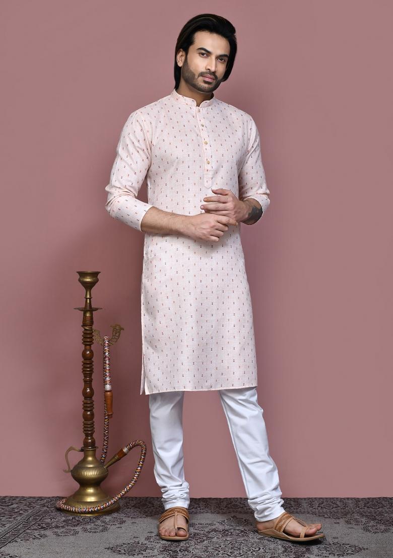 Beige Printed Cotton Kurta Set For Men