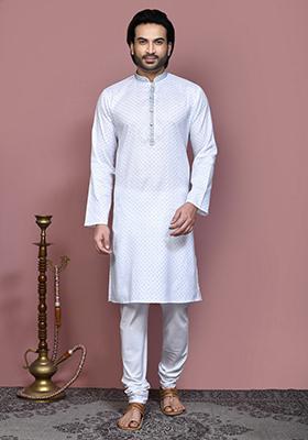 Blue Printed Cotton Kurta Set For Men
