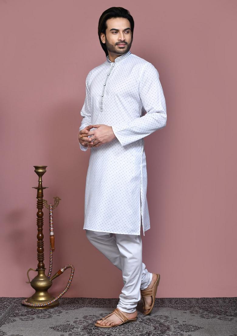 Blue Printed Cotton Kurta Set For Men