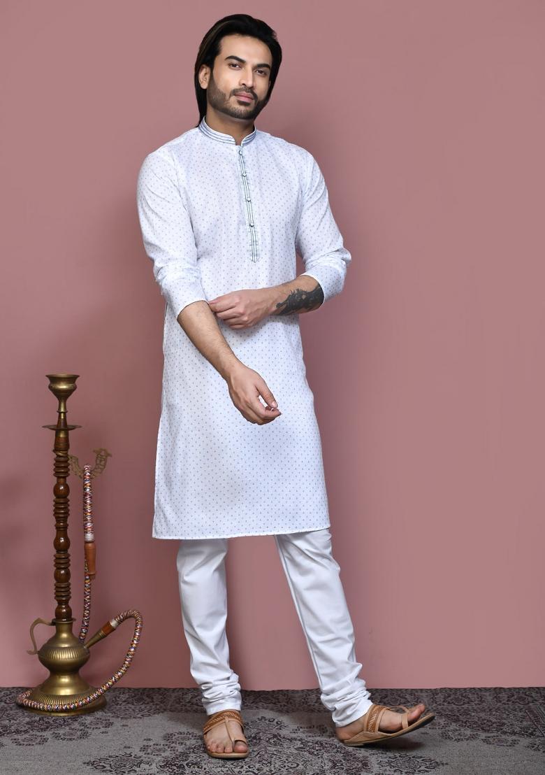 Blue Printed Cotton Kurta Set For Men