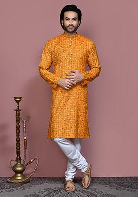 Mustard Yellow Printed Cotton Kurta Set For Men