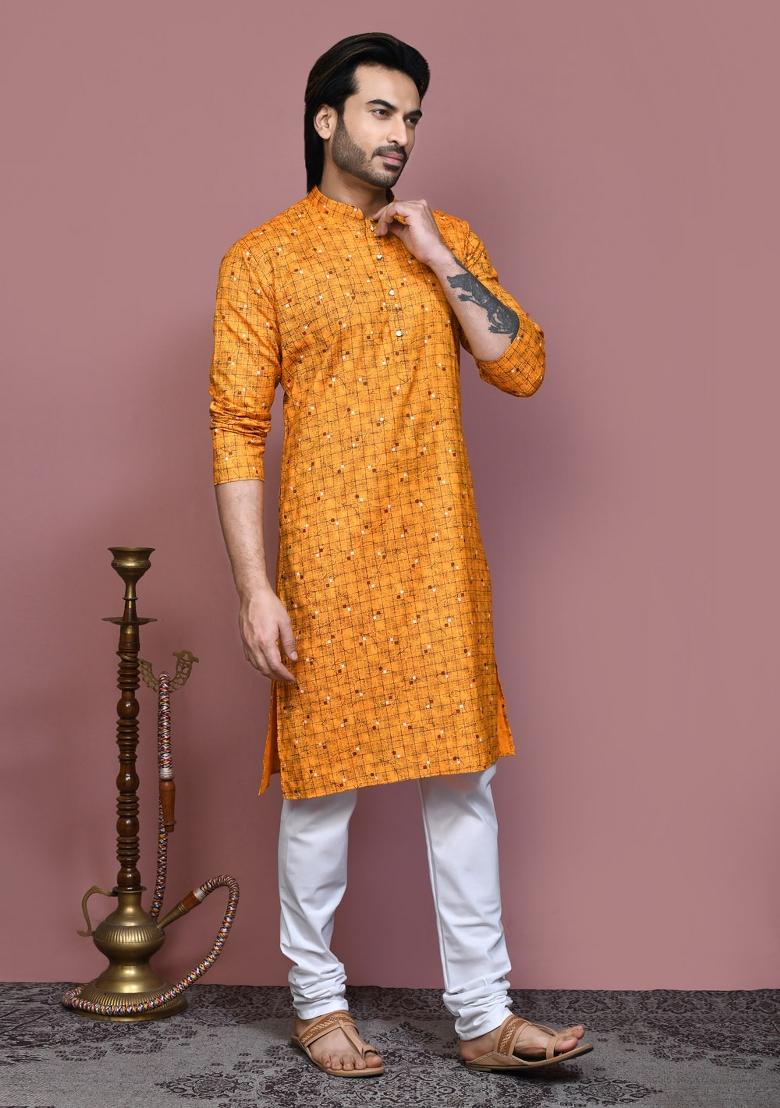 Mustard Yellow Printed Cotton Kurta Set For Men