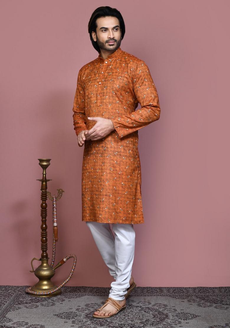 Brown Printed Cotton Kurta Set For Men