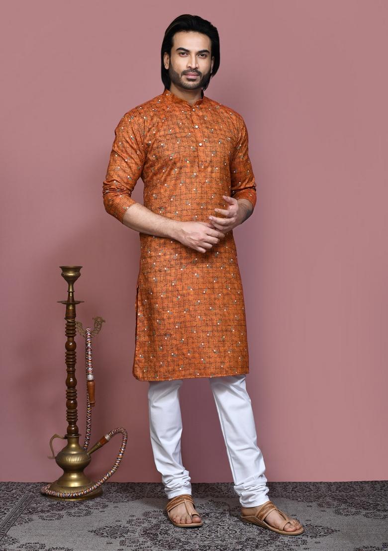 Brown Printed Cotton Kurta Set For Men