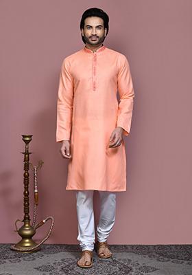 Rust Embroidered Cotton Kurta Set For Men