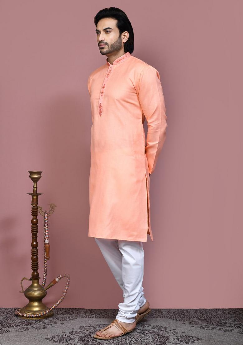 Rust Embroidered Cotton Kurta Set For Men