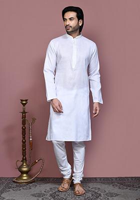 White Embroidered Cotton Kurta Set For Men