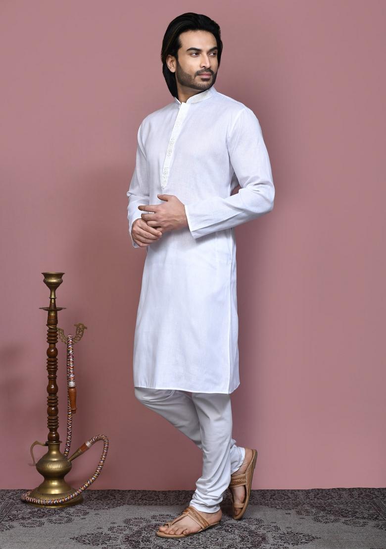 White Embroidered Cotton Kurta Set For Men
