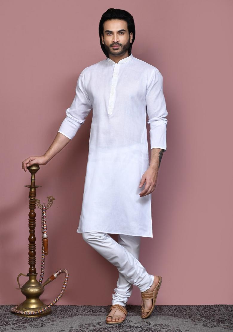 White Embroidered Cotton Kurta Set For Men