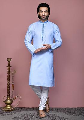 Sky Blue Embroidered Cotton Kurta Set For Men