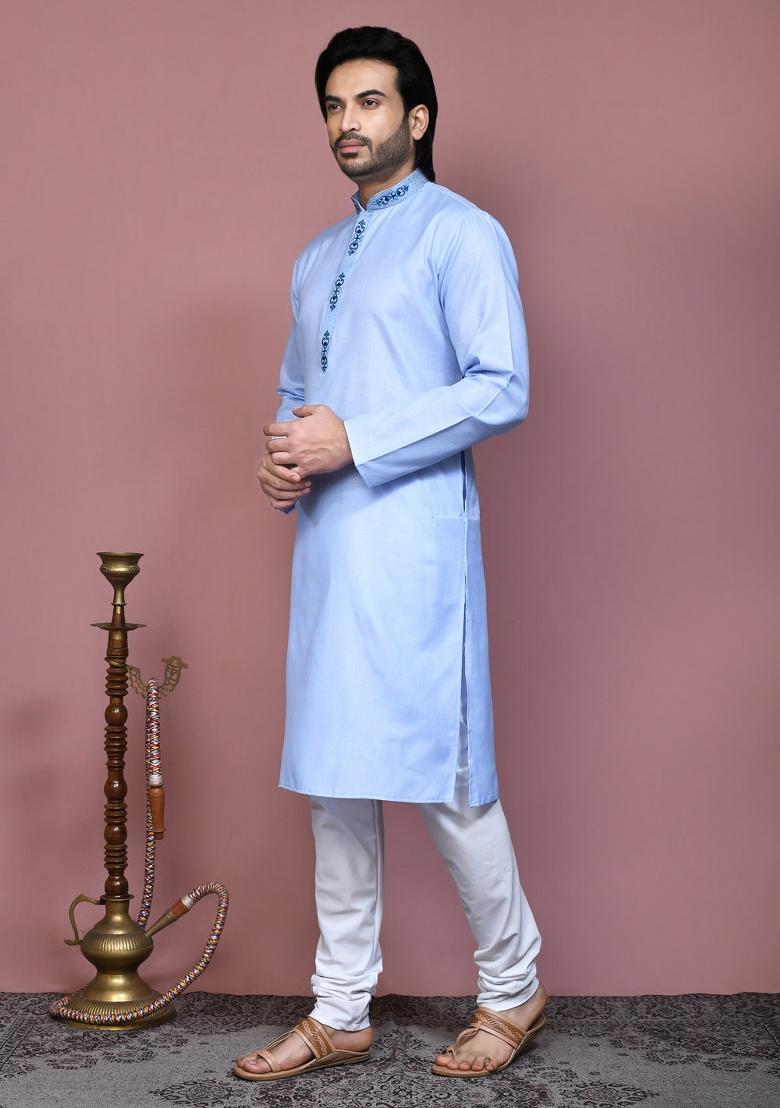 Sky Blue Embroidered Cotton Kurta Set For Men