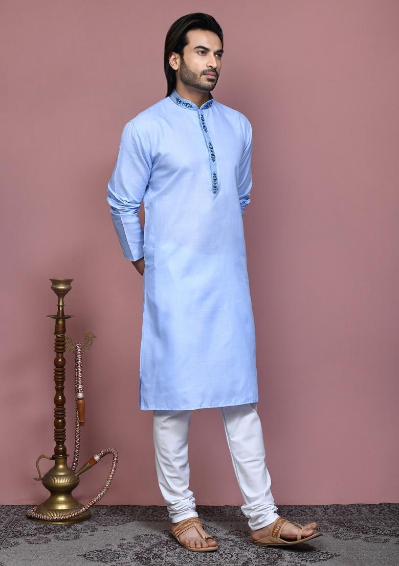 Sky Blue Embroidered Cotton Kurta Set For Men