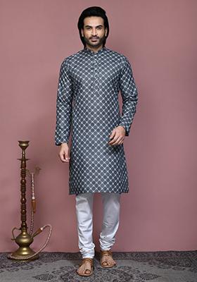 Grey Printed Cotton Kurta Set For Men