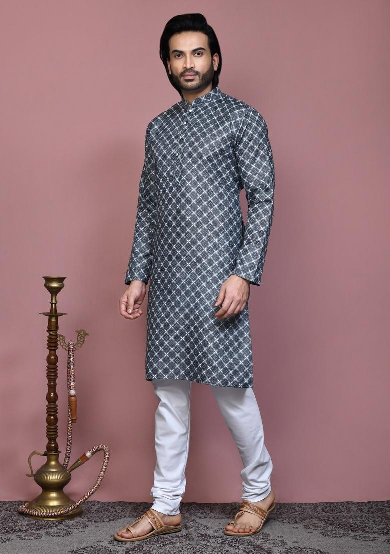 Grey Printed Cotton Kurta Set For Men
