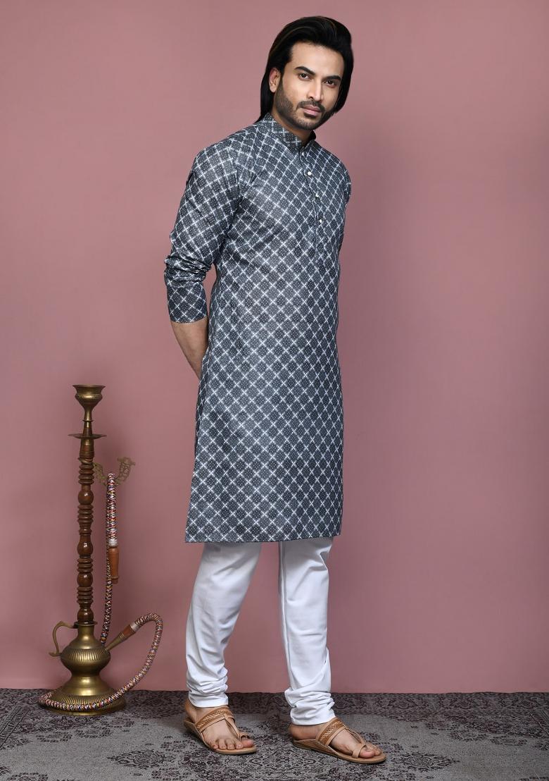 Grey Printed Cotton Kurta Set For Men