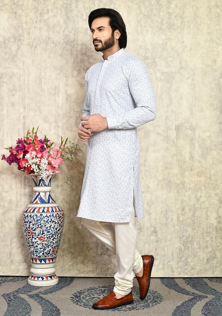 Grey Solid Cotton Kurta Set For Men
