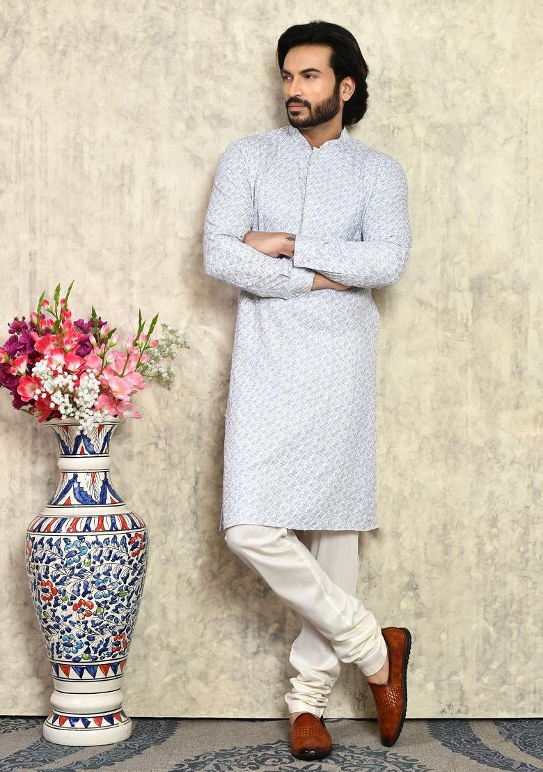 Grey Solid Cotton Kurta Set For Men