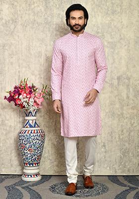 Pink Solid Cotton Kurta Set For Men