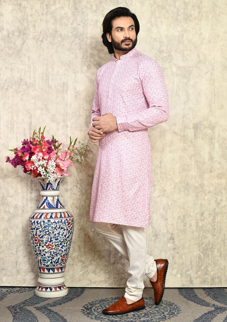 Pink Solid Cotton Kurta Set For Men